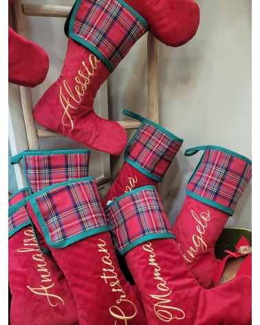 Calza di Natale in velluto e tartan con nome