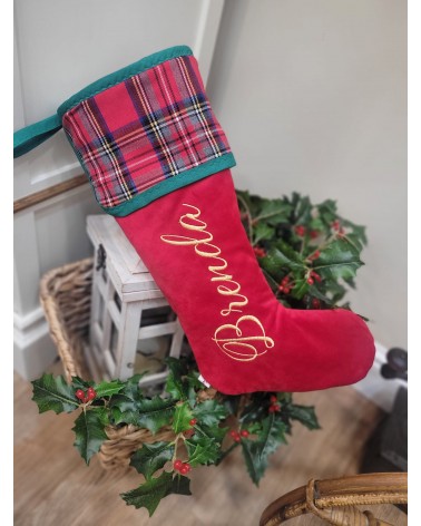 Calza di Natale in velluto e tartan con nome