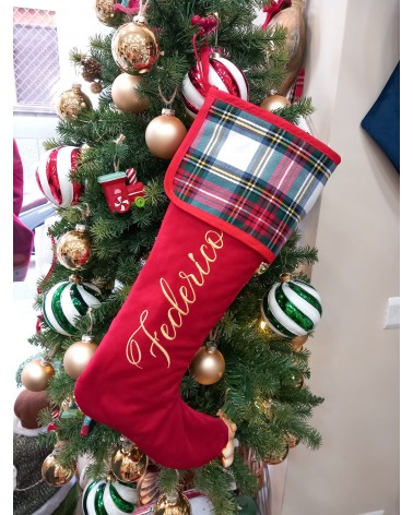 Calza di Natale in velluto e tartan con nome