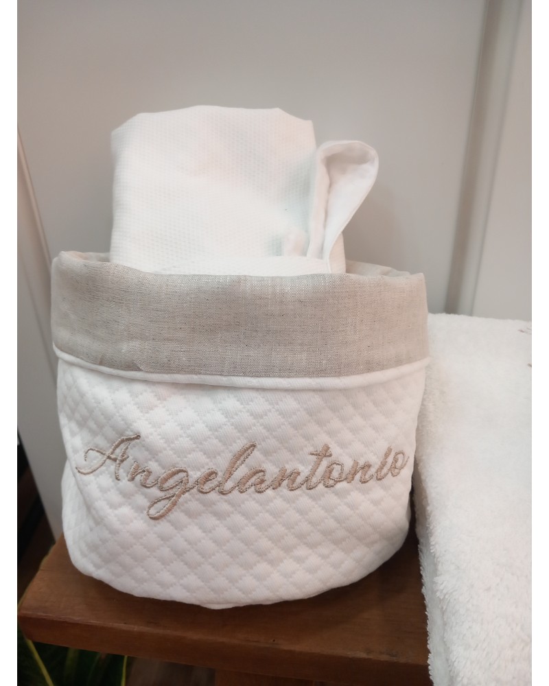 Cestino prodotti bagno in piquè e lino