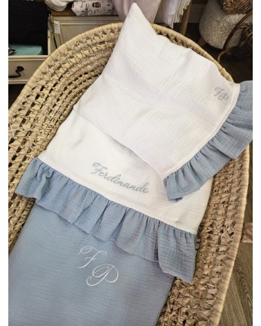 Coordinato nascita in mussola, Lenzuolino con federa cuscino, coprimaterassino e copertina
