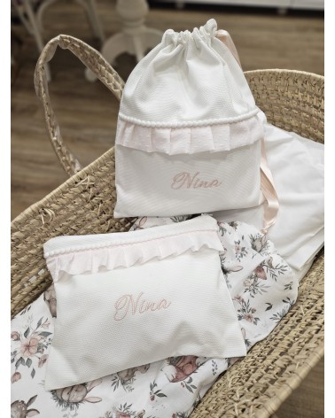 Coordinato Sacca e Borsello Baby Love con rouche in plumetis