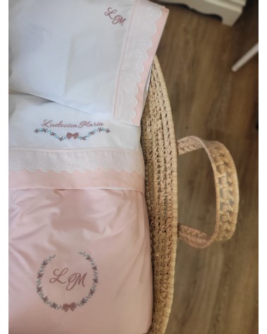 Coordinato culletta, Lenzuolino in cotone e pizzo sangallo con copertina a sacco