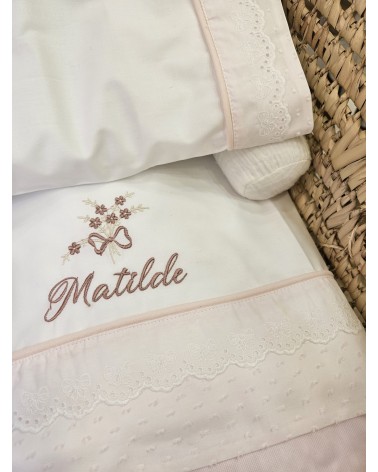 Coordinato nascita, Completo per carrozzina in cotone, plumetis e sangallo con copertina newborn