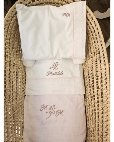 Coordinato nascita, Completo per carrozzina in cotone, plumetis e sangallo con copertina newborn