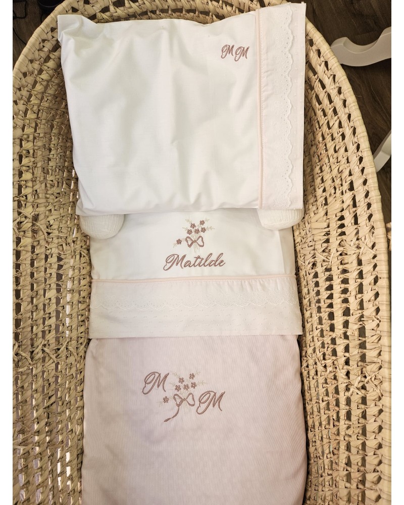 Coordinato nascita, Completo per carrozzina in cotone, plumetis e sangallo con copertina newborn