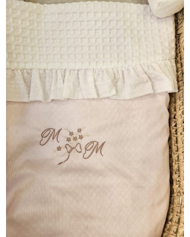Coordinato nascita, Completo per carrozzina in cotone, plumetis e sangallo con copertina newborn