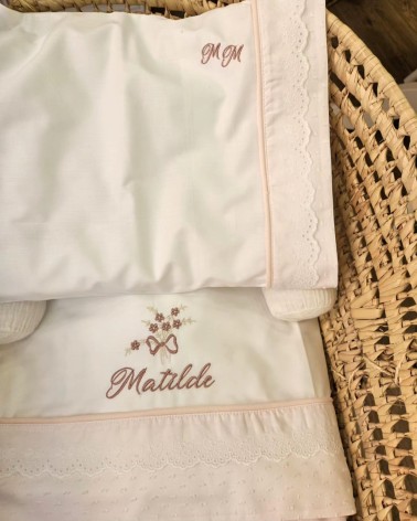 Coordinato nascita, Completo per carrozzina in cotone, plumetis e sangallo con copertina newborn