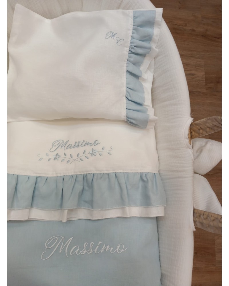 Coordinato per carrozzina in lino, lenzuolino con rouche e copertina