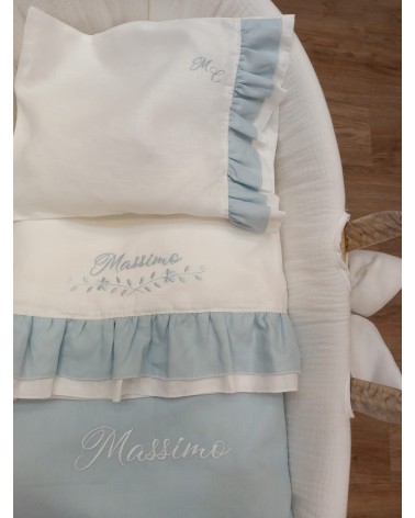 Coordinato per carrozzina in lino, lenzuolino con rouche e copertina