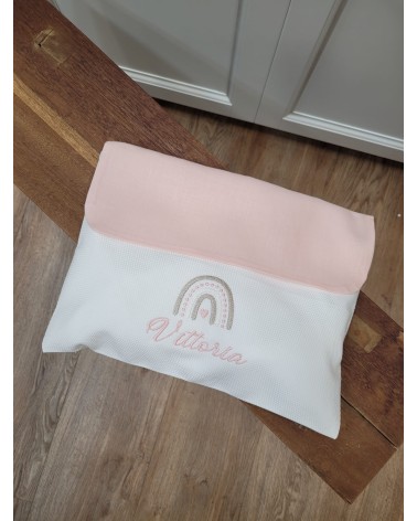 Busta nascita con pattina in lino rainbow valentine love cipria