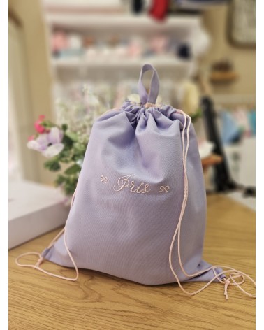 Sacca a spalla in cotone lavanda colore ricamo rosa baby valentine love e due fiocchetti laterali