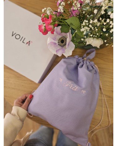 Sacca a spalla in cotone lavanda colore ricamo rosa baby valentine love e due fiocchetti laterali