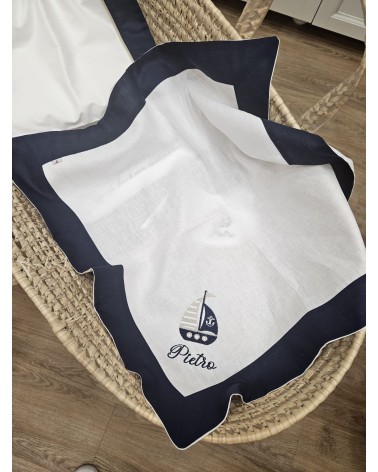 Quadrato Navy in lino bianco