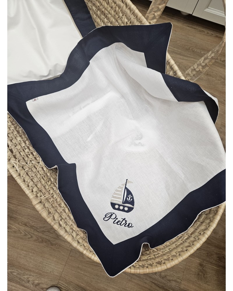 Quadrato Navy in lino bianco