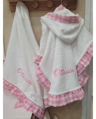 Coordinato bagno con rouche, accappatoio poncho e telo in spugna di cotone