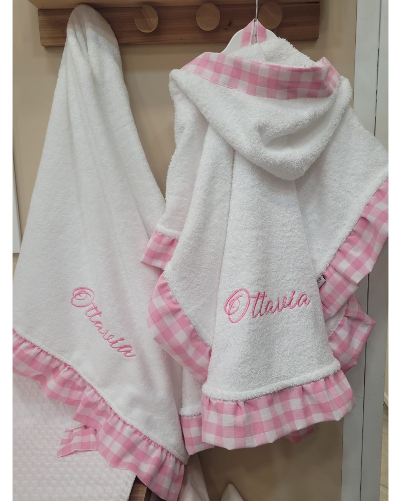 Coordinato bagno con rouche, accappatoio poncho e telo in spugna di cotone