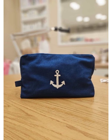 Beauty case in cotone blu disegno ancora panna
