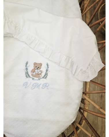 Copertina neonato in plumetis con rouche orsetto con fiocco celeste polvere valentine love