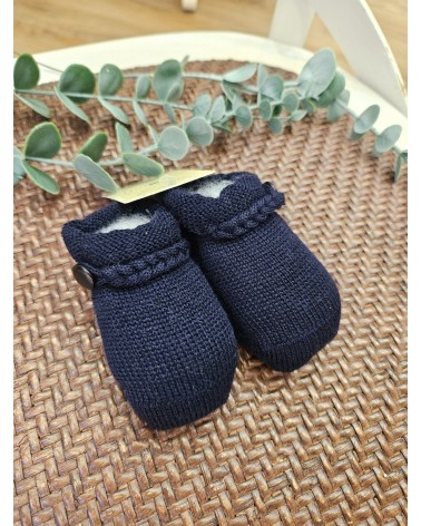 Scarpine neonato in lana blu con treccina e bottoncino