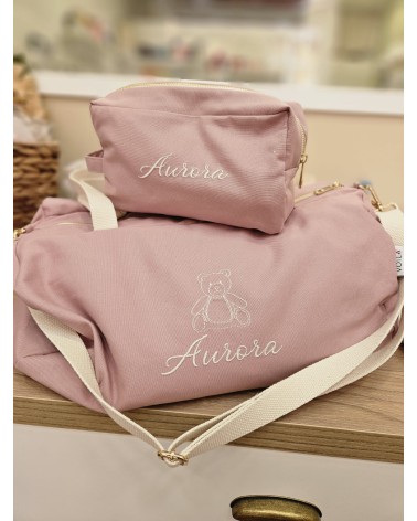 Set Borsone e Beauty personalizzati tortora ricamo panna mystical snow