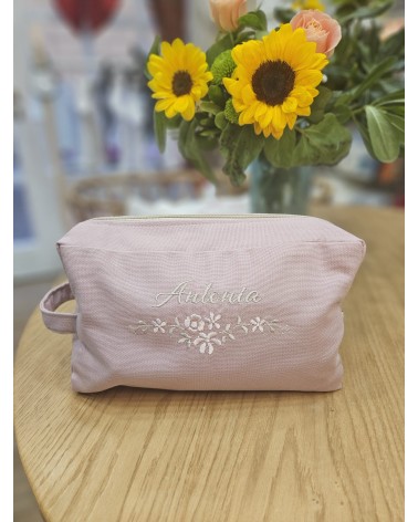 Beauty case in cotone rosa antico bouquet de violette cappuccino cipria