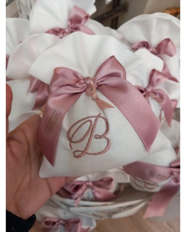 Sacchetto portaconfetti bianco LINO nastro e ricamo rosa antico