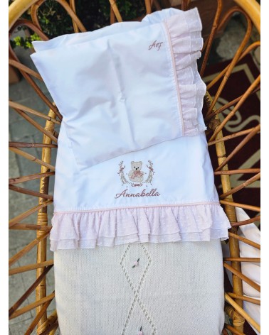 Lenzuolino con doppia rouche di plumetis orsetto con fiocco valentine love rosa antico