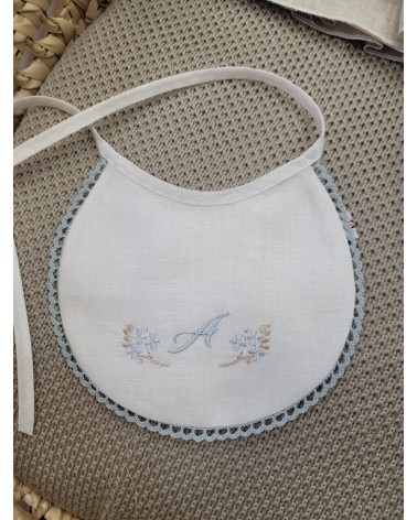 Bavaglino in lino personalizzato con fiorellini valentine love celeste polvere