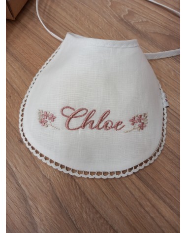 Bavaglino in lino personalizzato con fiorellini valentine love rosa antico