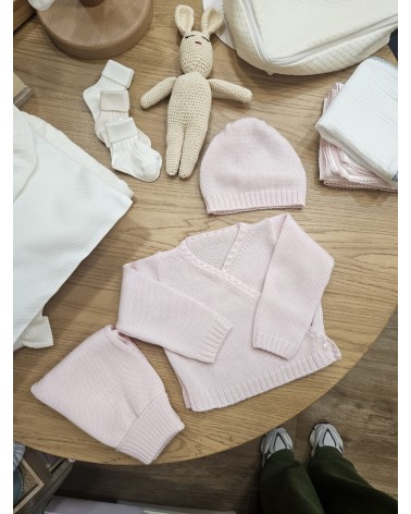 Completo tre pezzi a maglia, scaldacuore con pantaloni e cappellino
