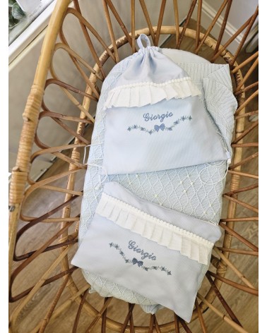 Coordinato Sacca e Borsello Baby Love con rouche in plumetis roseline avion new adina