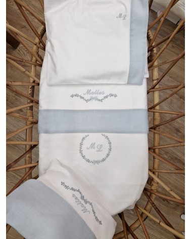 Coordinato nascita Roseline in cotone bianco e salvia, Completo in cotone per carrozzina