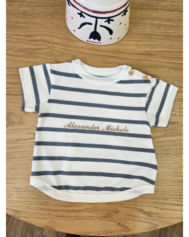 T-shirt in cotone a righe ricamo nocciola
