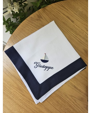 Quadrato Navy in lino bianco