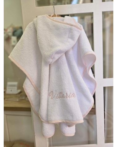 Accappatoio Poncho in spugna di cotone profilo rosa ricamo cipria font valentine love