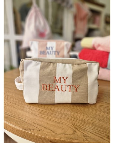 MY BEAUTY, Beauty case in cotone a fasce RICAMO ARANCIO