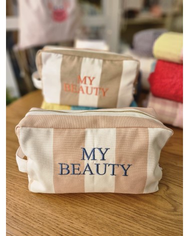MY BEAUTY, Beauty case in cotone a fasce RICAMO BLU