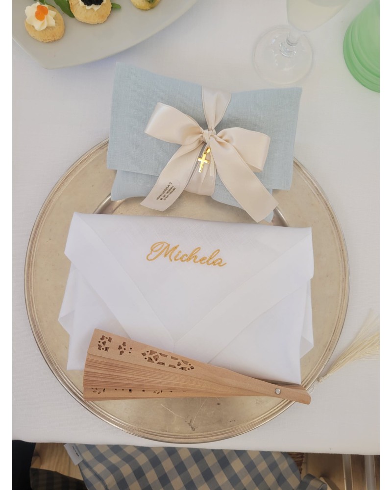 Pochette portaconfetti in lino celeste nastro panna