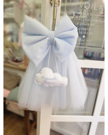 Fiocco Nascita in tulle piccolo ricamo celeste polvere valentine love