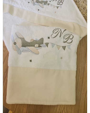 Telo bagnetto in spugna di cotone BASIC fascia tinta unita panna disegno aeroplano verde eucalipto valentine love