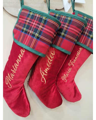 Calza di Natale in velluto e tartan con nome