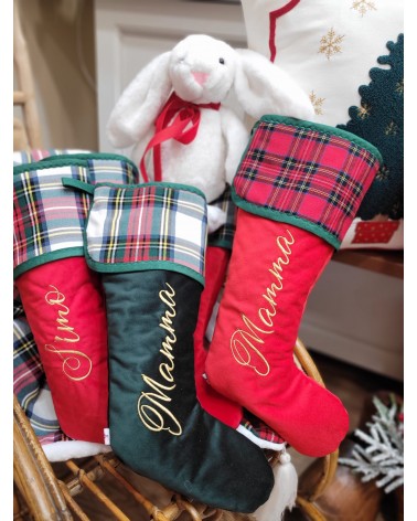 Calza di Natale in velluto e tartan con nome
