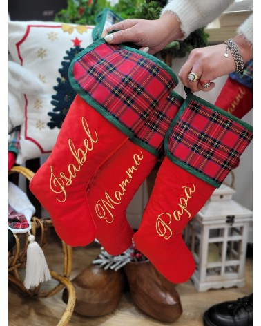 Calza di Natale in velluto e tartan con nome