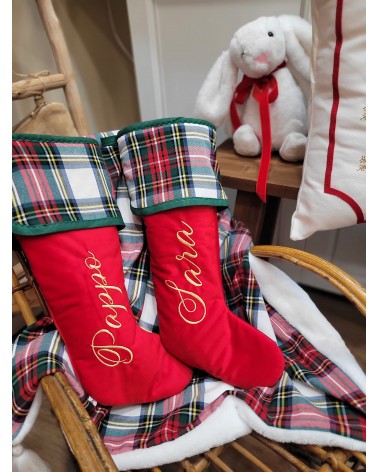 Calza di Natale in velluto e tartan con nome