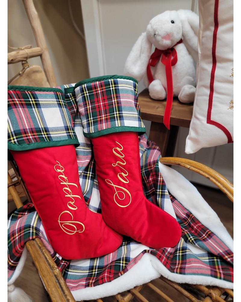 Calza di Natale in velluto e tartan con nome