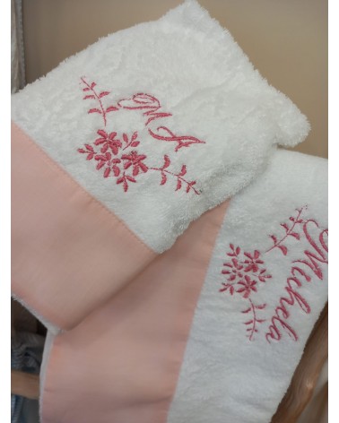 Asciugamani in spugna viso e ospite con fascia in lino - FIORELLINI VALENTINE LOVE MALVA