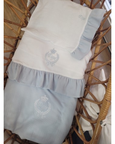 Coordinato nascita in mussola, Lenzuolino con federa cuscino, coprimaterassino e copertina