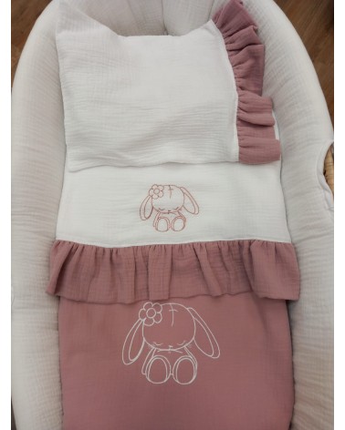 Coordinato nascita in mussola, Lenzuolino con federa cuscino, coprimaterassino e copertina